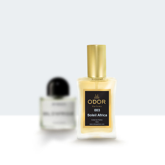 Parfümflasche 'Soleil Africa', inspiriert von Bal d'Afrique, ein einzigartiger Duft mit exotischer und warmer Note.