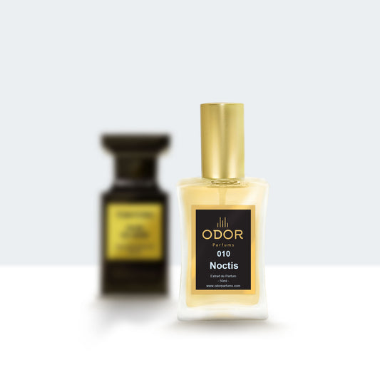 Eleganter Duftflakon von ODOR Parfums – 010 Noctis, ein geheimnisvoller, nächtlicher Unisex-Duft mit luxuriösem Design.